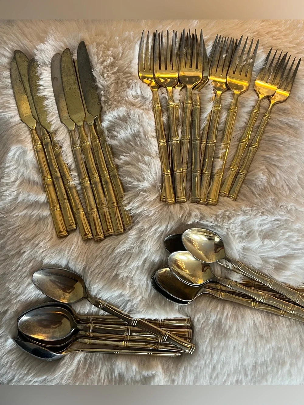Vintage Mid Century Gold Plate Kona Bamboo  Flatware Set 33-Piece Elegant Cutler